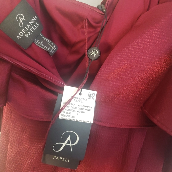 NWT ADRIANNA PAPELL Wine Satin Ruffle Gown Dress 6 - Picture 4 of 10